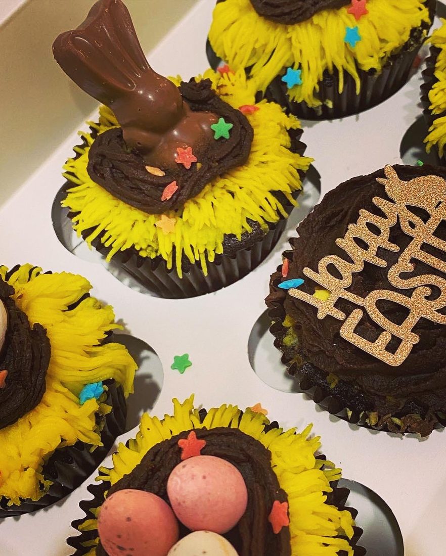 Chocolate Easter nest cupcakes with mini eggs and a chocolate bunny